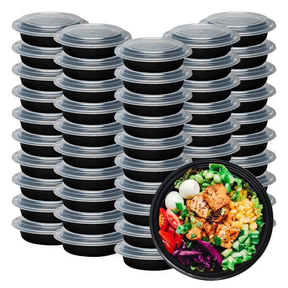 Klex Meal Prep Containers with Airtight Lids, BPA Free, 48 oz, Round, Black/Clear, 50 Sets
