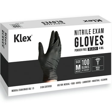 Klex Nitrile Exam Gloves - Medical Grade, Powder Free, Rubber Latex Free, Disposable Examination Grade Glove, Food Safe, Black, Medium, 100 Count