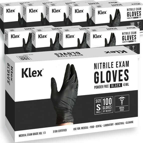 Klex Nitrile Exam Gloves - Medical Grade, Powder Free, Rubber Latex Free, Disposable Examination Grade Glove, Food Safe, Black, Small, 1000 Count