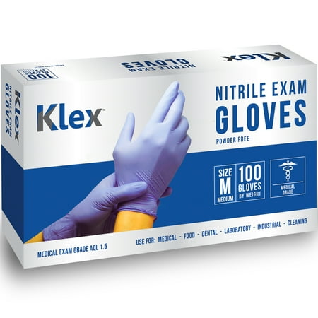 Klex Nitrile Medical Exam Gloves - Powder Free Latex Free Food Safe, Medium, 100 Count