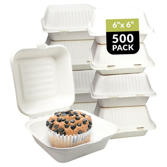 Klex Sugarcane Clamshell Takeout Food Containers, 6-Inch, 500-Pack
