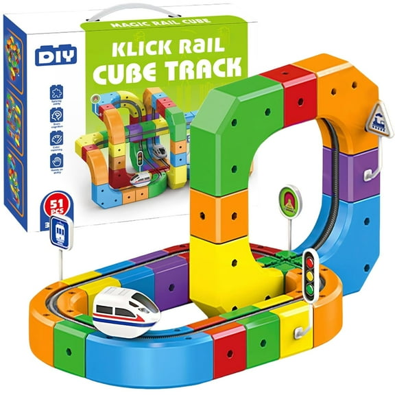 KlickRail Electric Train Set - 51PCSMagnetic Gravity Defying 3D Building Toy with Motorized Train Car, BPA-Free ABS Interlocking Cube Track System for Kids Educational STEM Play