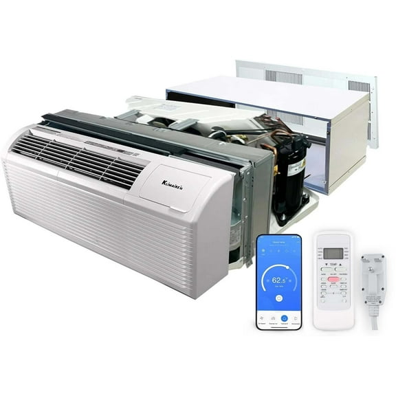 Klimaire 15,000 BTU PTAC Heat Pump A/C R-32 Wi-Fi Enabled with 5kW Electric Heater, Remote, Sleeve, Grille, Drain Kit - 230V