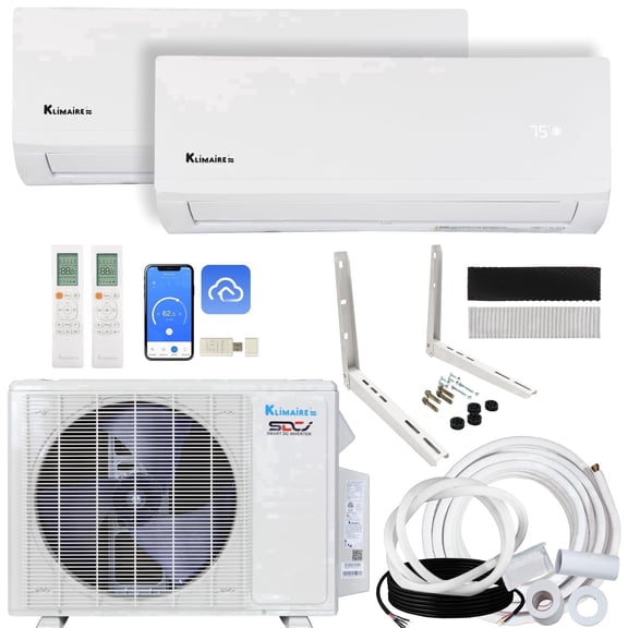 Klimaire 18,000 BTU 2-Zone 23 SEER2 Heat Pump Wall Mounted Mini Split Heat Pump System (6,000 BTU + 12,000 BTU) - R454B