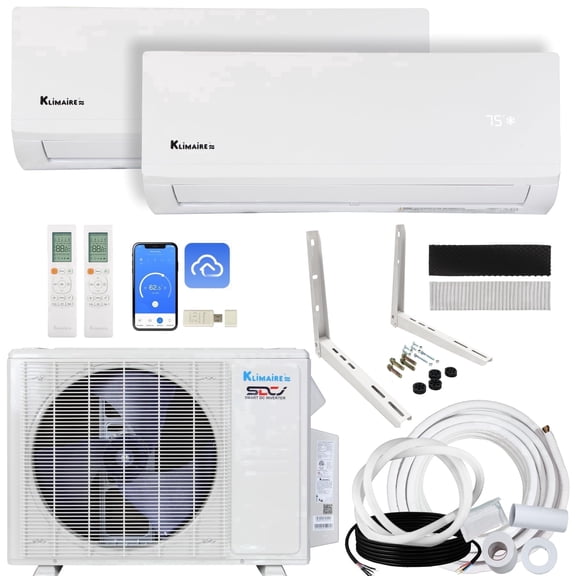 Klimaire 18,000 BTU 2-Zone 23 SEER2 Heat Pump Wall Mounted Mini Split Heat Pump System (6,000 BTU + 12,000 BTU) - R454B