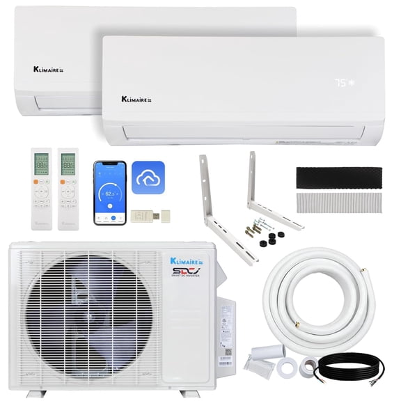 Klimaire 18,000 BTU 2-Zone 23 SEER2 Heat Pump Wall Mounted Mini Split Heat Pump System (9,000 BTU + 9,000 BTU) - R454B