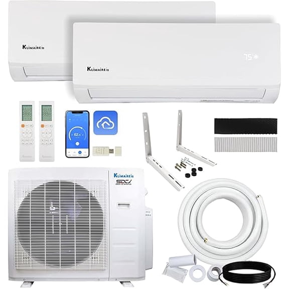 Klimaire 18,000 BTU Hyper Heat 2-Zone 23 SEER2 Heat Pump Wall Mounted Mini Split Heat Pump System w/ All Inclusive Installation Kits (9,000 BTU + 9,000 BTU) - R454B