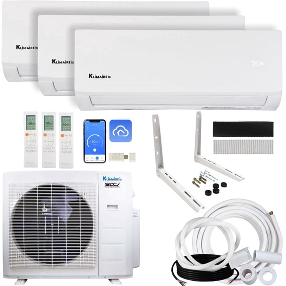 Klimaire 27,000 BTU Hyper Heat 3-Zone 21 SEER2 Heat Pump Wall Mounted Mini Split Heat Pump System w/ All Inclusive Installation Kits (12,000 BTU +12,000 BTU + 12,000 BTU) - R454B