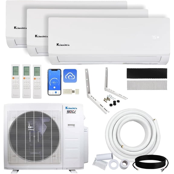 Klimaire 27,000 BTU Hyper Heat 3-Zone 21 SEER2 Heat Pump Wall Mounted Mini Split Heat Pump System w/ All Inclusive Installation Kits (9,000 BTU +12,000 BTU + 12,000 BTU) - R454B