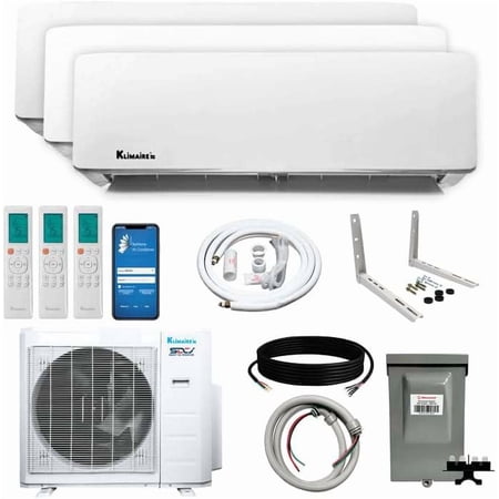 Klimaire 3-Zone Ductless Mini-Split Heat Pump AC 27,000 BTU, Wall Mounted (12K + 12K + 12K BTU), 23.5 SEER2, All-Inclusive Installation Kits