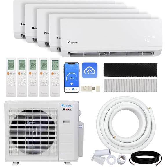 Klimaire 35,000 BTU 5-Zone 23.1 SEER2 Wall Mounted Mini Split Heat Pump System w/ All Inclusive Installation Kits ( 4x 6,000 BTU + 9,000 BTU) - R454B