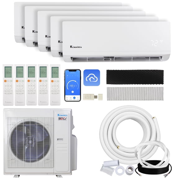 Klimaire 36,000 BTU Hyper Heat 5-Zone 21.5 SEER2 Heat Pump Wall Mounted Mini Split Heat Pump System w/ All Inclusive Installation Kits ( 4x 9,000 BTU + 12,000 BTU ) - R454B