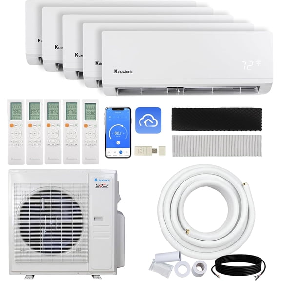 Klimaire 36,000 BTU Hyper Heat 5-Zone 21.5 SEER2 Heat Pump Wall Mounted Mini Split Heat Pump System w/ All Inclusive Installation Kits ( 6,000 BTU + 3x 9,000 BTU + 12,000 BTU ) - R454B