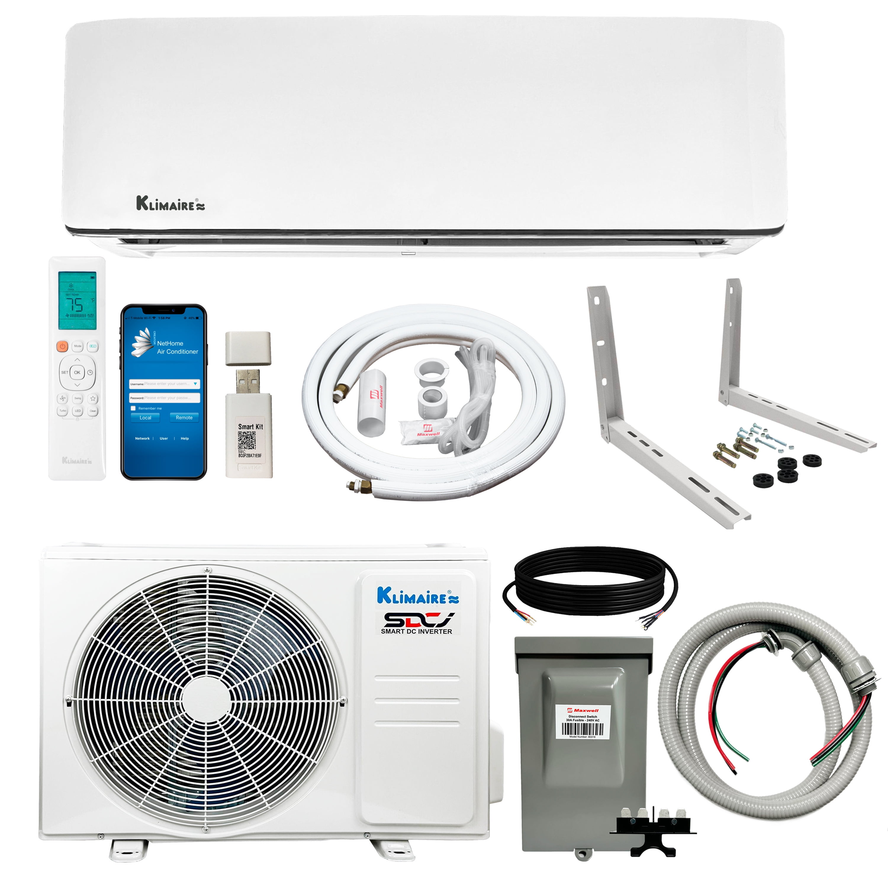 Klimaire 9,000 BTU 21.5 SEER2 Ductless Mini-Split Heat Pump Air Conditioner with Installation Kit, Up to 400 Sq. Ft.