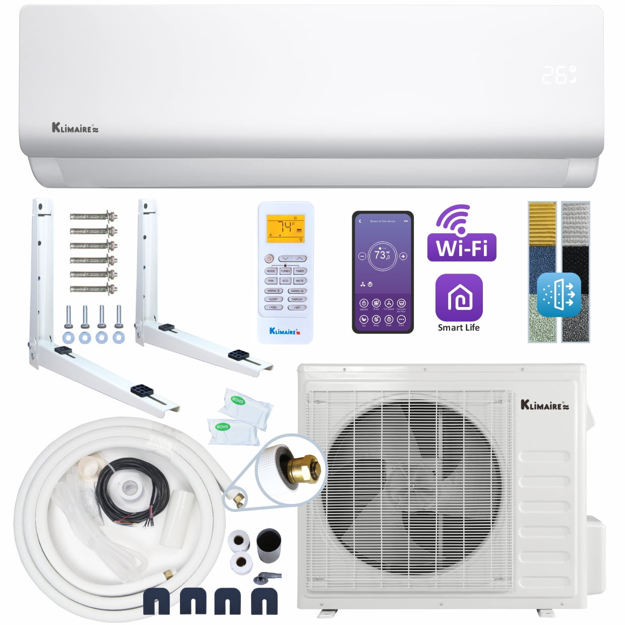 Klimaire DIY 12,000 BTU 19 SEER Mini Split Heat Pump Air Conditioner w/  25-ft Pre-Charged Quick-Connect Installation Kit u0026 Wi-Fi - 230V -  Walmart.com