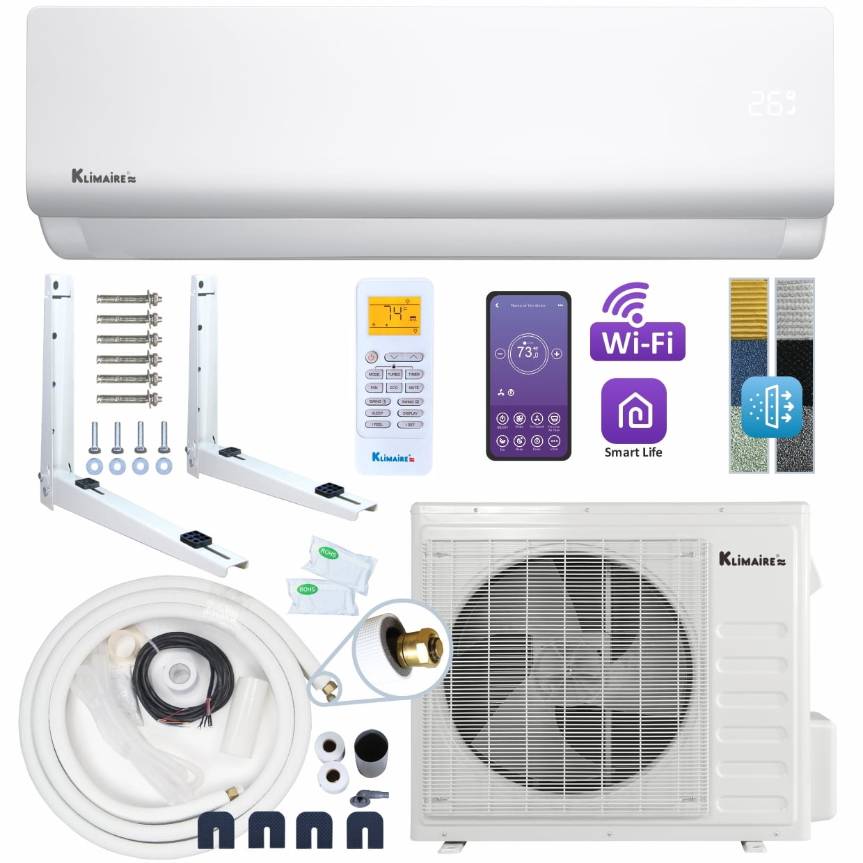 Klimaire DIY 18,000 BTU 19 SEER2 WiFi-Enabled Mini-Split Heat Pump Air Conditioner with 25-Ft Pre-Charged Quick-Connect Installation Kit, Up to 1,000 Sq. Ft.