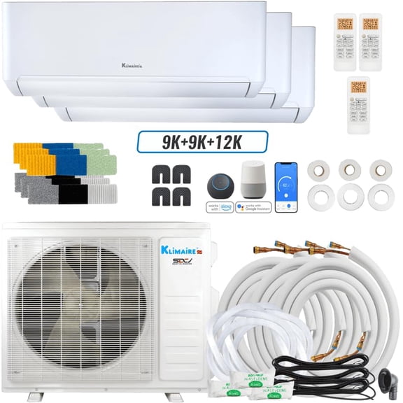 Klimaire DIY 27,000 BTU 3-Zone 24 SEER2 Heat Pump Wall Mount Mini Split with All Inclusive Installation Kits (9K+9K+12K) - R454B