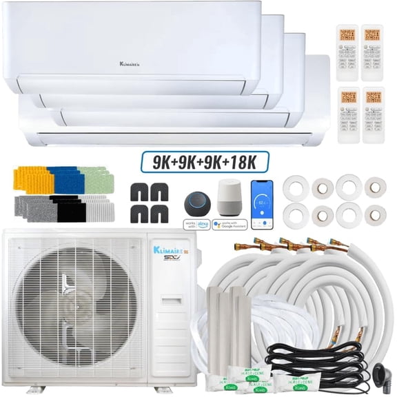 Klimaire DIY 36,000 BTU 4-Zone 22.5 SEER2 Heat Pump Wall Mount Mini Split with All Inclusive Installation Kits (9K+9K+9K+18K) - R454B