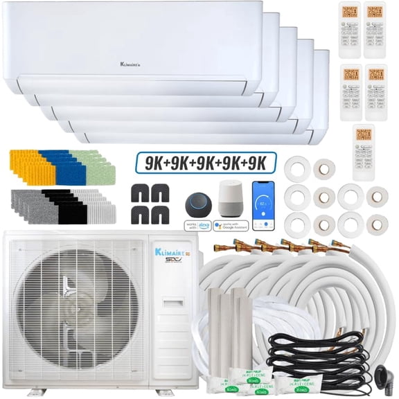 Klimaire DIY 42,000 BTU 5-Zone 22 SEER2 Heat Pump Wall Mount Mini Split with All Inclusive Installation Kits (9K+9K+9K+9K+9K) - R454B