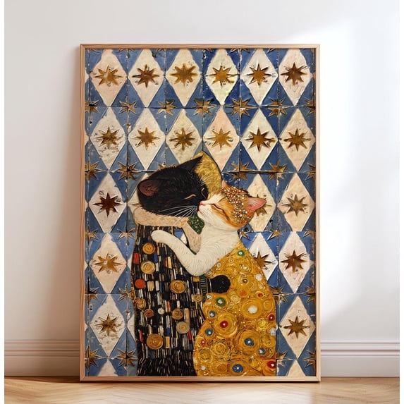 Klimt Cat Couple Poster, Gold Accent Pet Wall Art, The Kiss Inspired ...