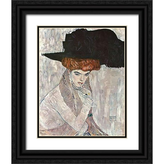 Klimt, Gustav 20x24 Black Ornate Wood Framed with Double Matting Museum Art Print Titled - Lady With Black Feather Hat 1910
