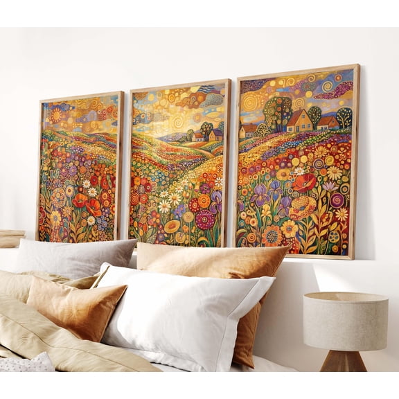 Klimt Inspired Colorful Floral Landscape Wall Art Boho Wildflower Field Prints Abstract Flowers Botanical Bedroom Decor Set 3