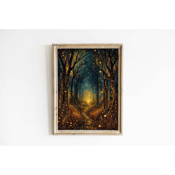 Klimt Inspired Firefly Forest Wall Art Print With Fantasy Woodland And Nature Decor Unframed Paper Print