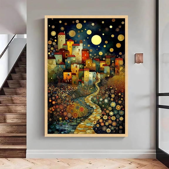 Klimt Inspired Night Village Art Golden Moonlight Townscape Wall Art