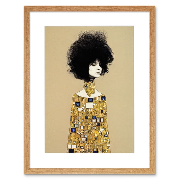 Klimt Style Retro Boho Afro Hair Abstract Gold Dress Artwork Framed Wall Art Print 9X7 Inch