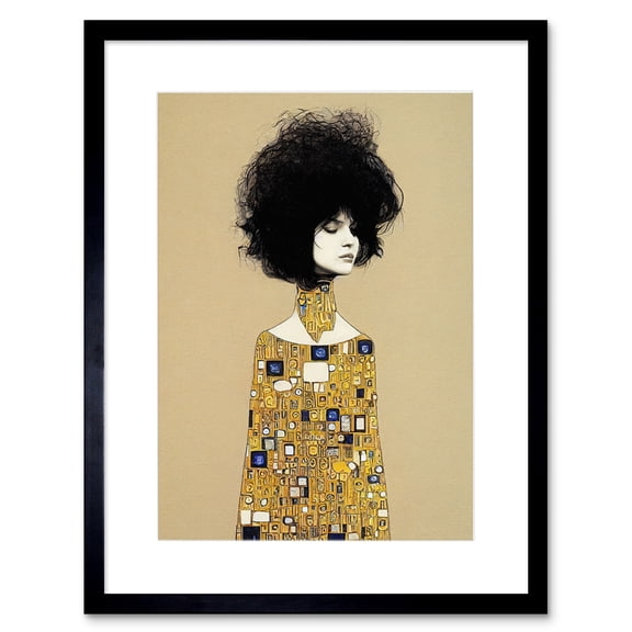 Klimt Style Retro Boho Afro Hair Abstract Gold Dress Artwork Framed Wall Art Print 9X7 Inch