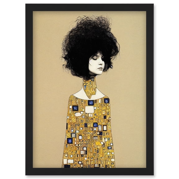 Klimt Style Retro Boho Afro Hair Abstract Gold Dress Artwork Framed Wall Art Print A4