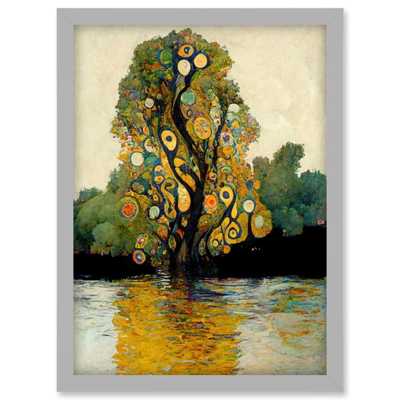 Klimt Style Tree River Bank Scene Artwork Framed Wall Art Print A4