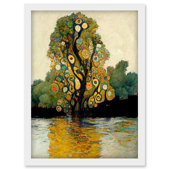 Klimt Style Tree River Bank Scene Artwork Framed Wall Art Print A4