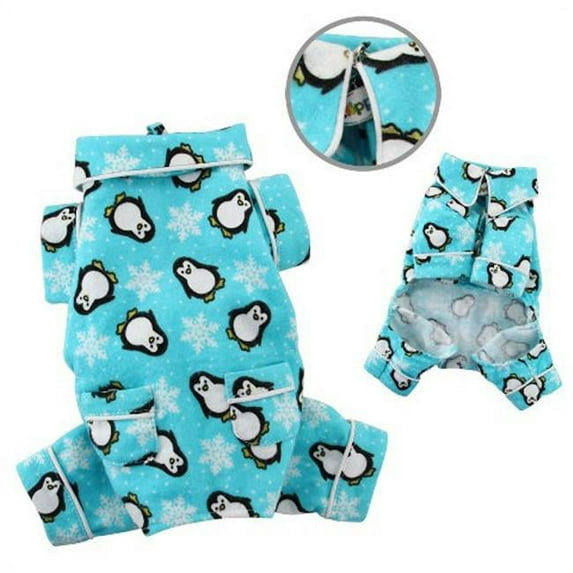 Klippo Pet KBD057XS Penguins & Snowflake Flannel Pajamas With 2 Pockets- Turquoise - Extra Small