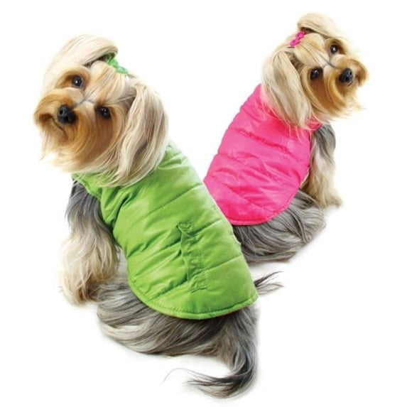 KlippoPet KJK059LZ Reversible Parka Vest With Ruffle Trims - Lime & Pink, Large