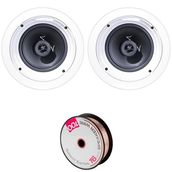 Klipsch 1007209 R-1650-C In-Ceiling Speaker - White (2-Pack) Bundle with Deco Gear 100ft long 16 AWG Speaker Wire