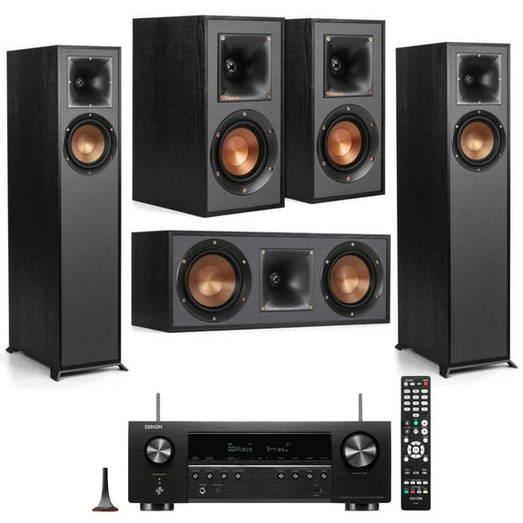 Klipsch 2 Pack R-610F Floorstanding Home Speaker - Bundle With R-41M Bookshelf Home Speakers, R-52C Center Channel home speaker, Yamaha RX-V485 5.1-Channel Network AV Receiver with MusicCast
