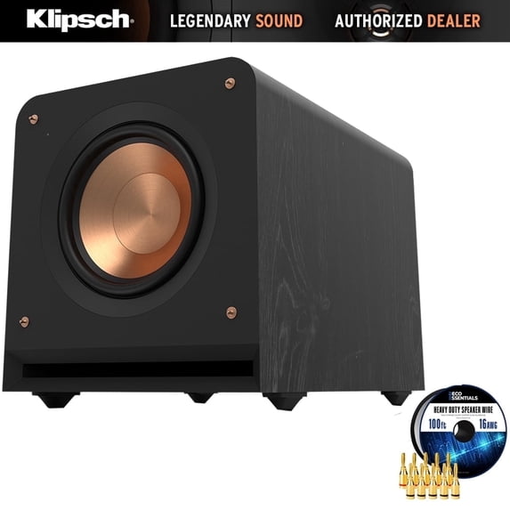 Klipsch RP-1000SW: High-Excursion 10" Subwoofer for Superior Bass - Ebony Bundle with Deco Gear 100ft long 16 AWG Speaker Wire + Brass Speaker Banana Plugs, 5-Pair| Official Klipsch USA Dealer