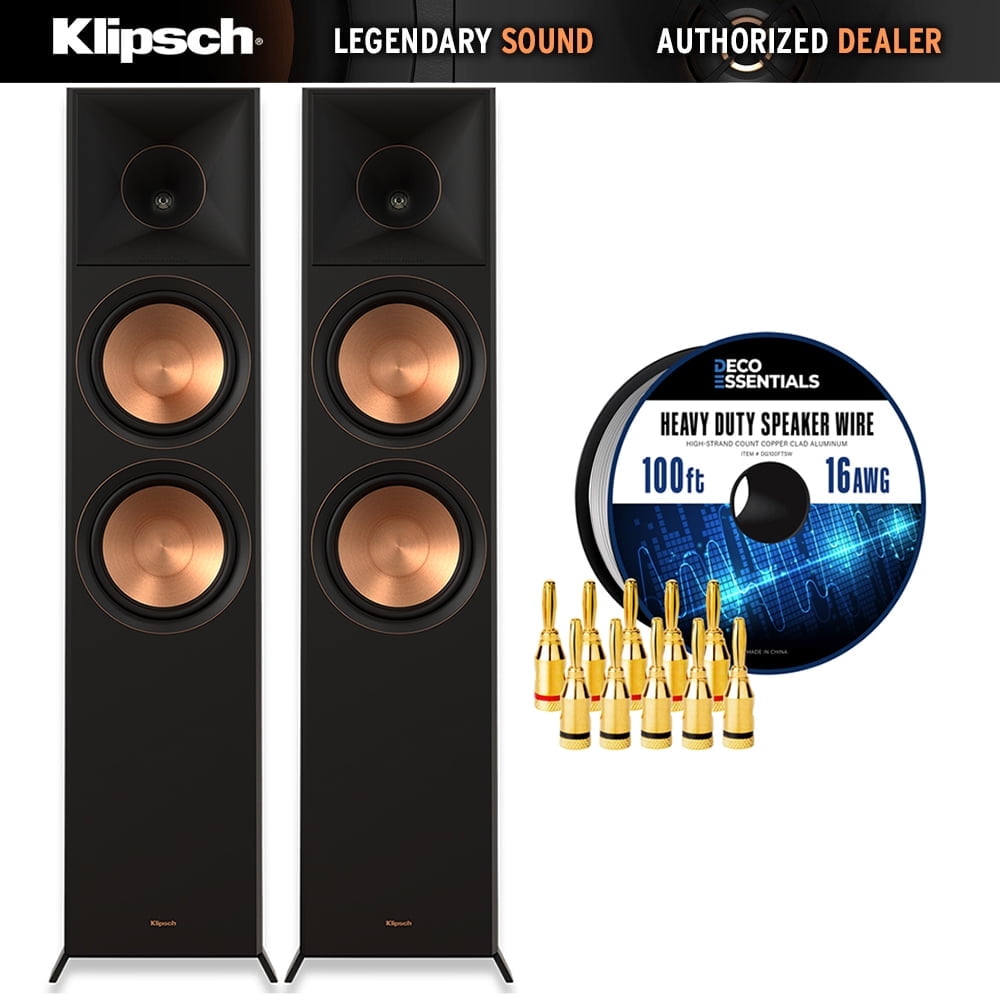 Klipsch RP-8000F II High-Resolution Floorstanding Speaker (Pair) with Enhanced Bass, Ebony Bundle with Deco Gear 100ft long 16 AWG Speaker Wire + High-Quality Brass Speaker Banana Plugs, 5-Pair