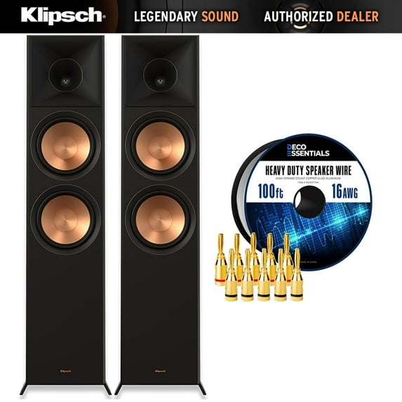 Klipsch RP-8000F II High-Resolution Floorstanding Speaker (Pair) with Enhanced Bass, Ebony Bundle with Deco Gear 100ft long 16 AWG Speaker Wire + High-Quality Brass Speaker Banana Plugs, 5-Pair