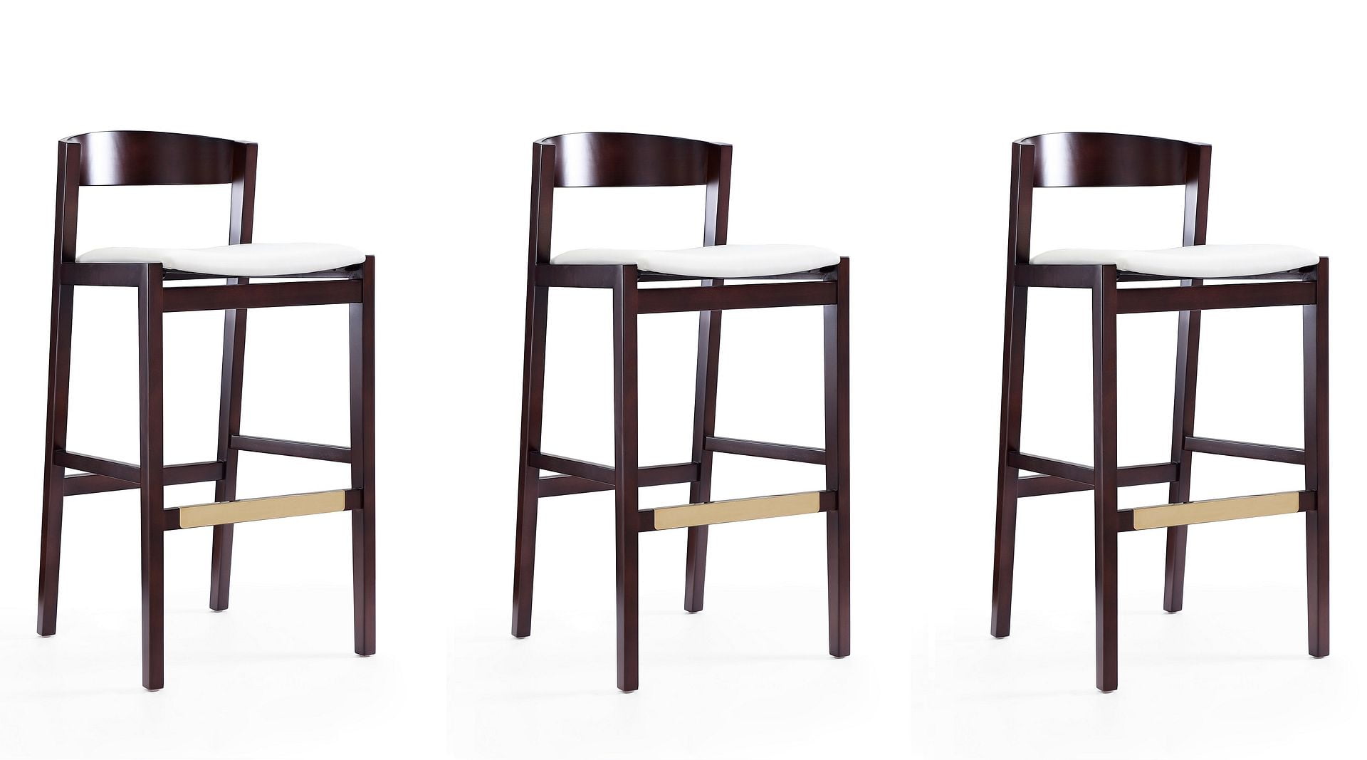 Danish Modern Ivory Faux Leather Beech Wood Barstools - Set of 3
