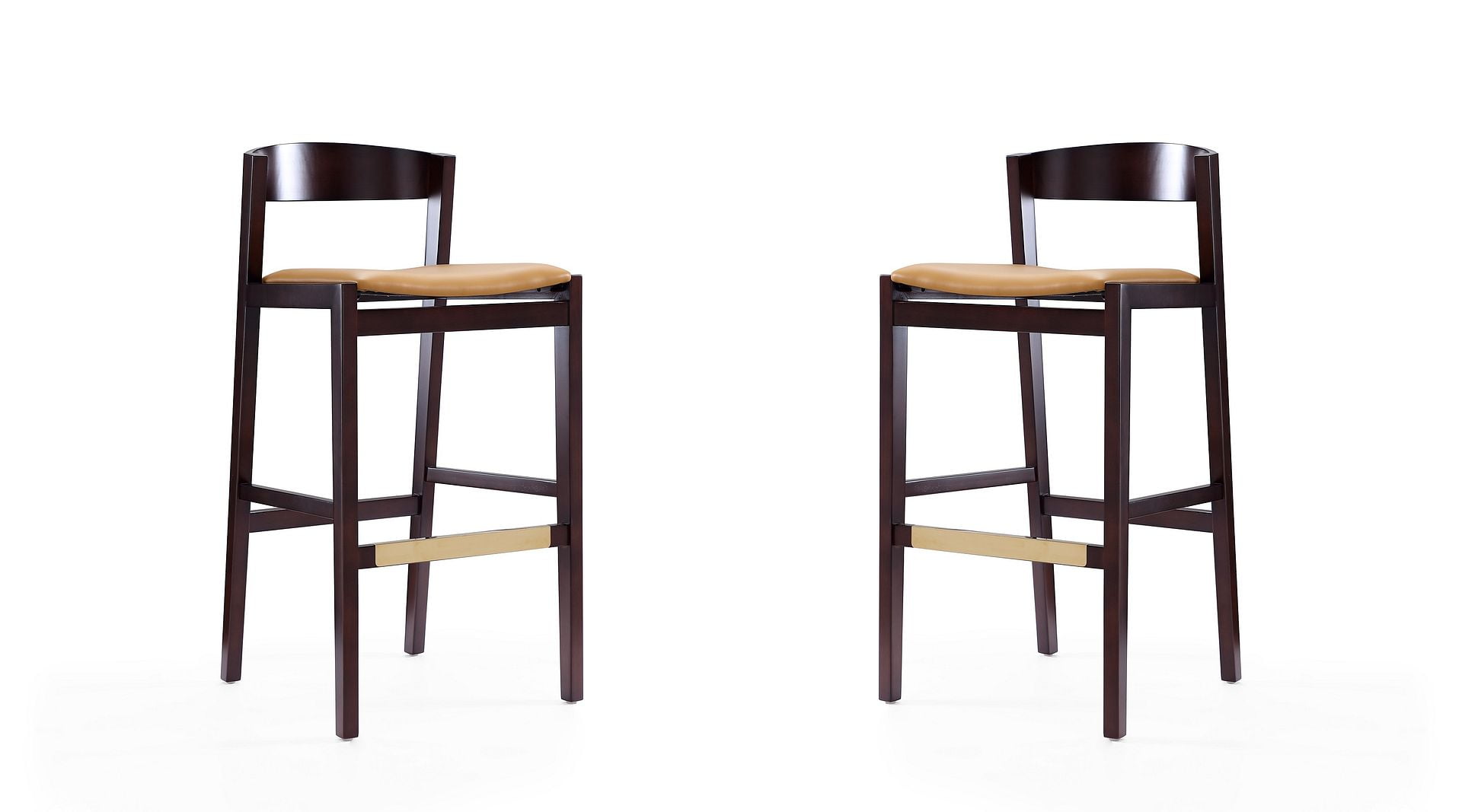 Camel Faux Leather and Dark Walnut Beech Wood Barstools, Set of 2