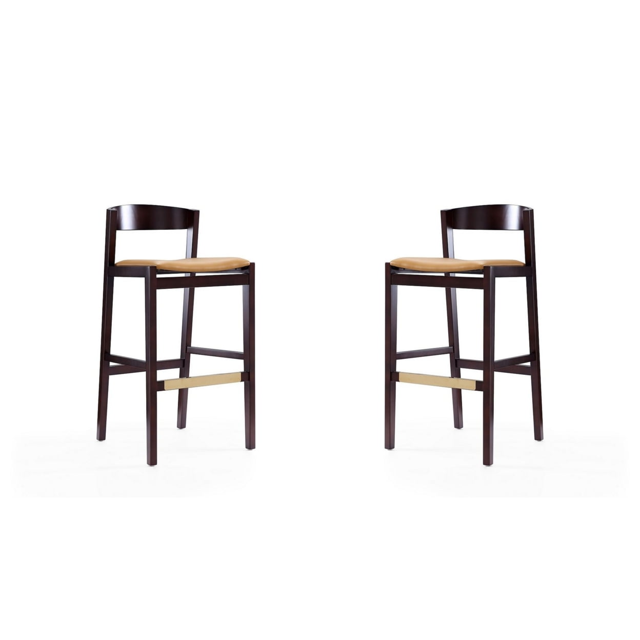 Camel Faux Leather and Dark Walnut Beech Wood Barstools, Set of 2