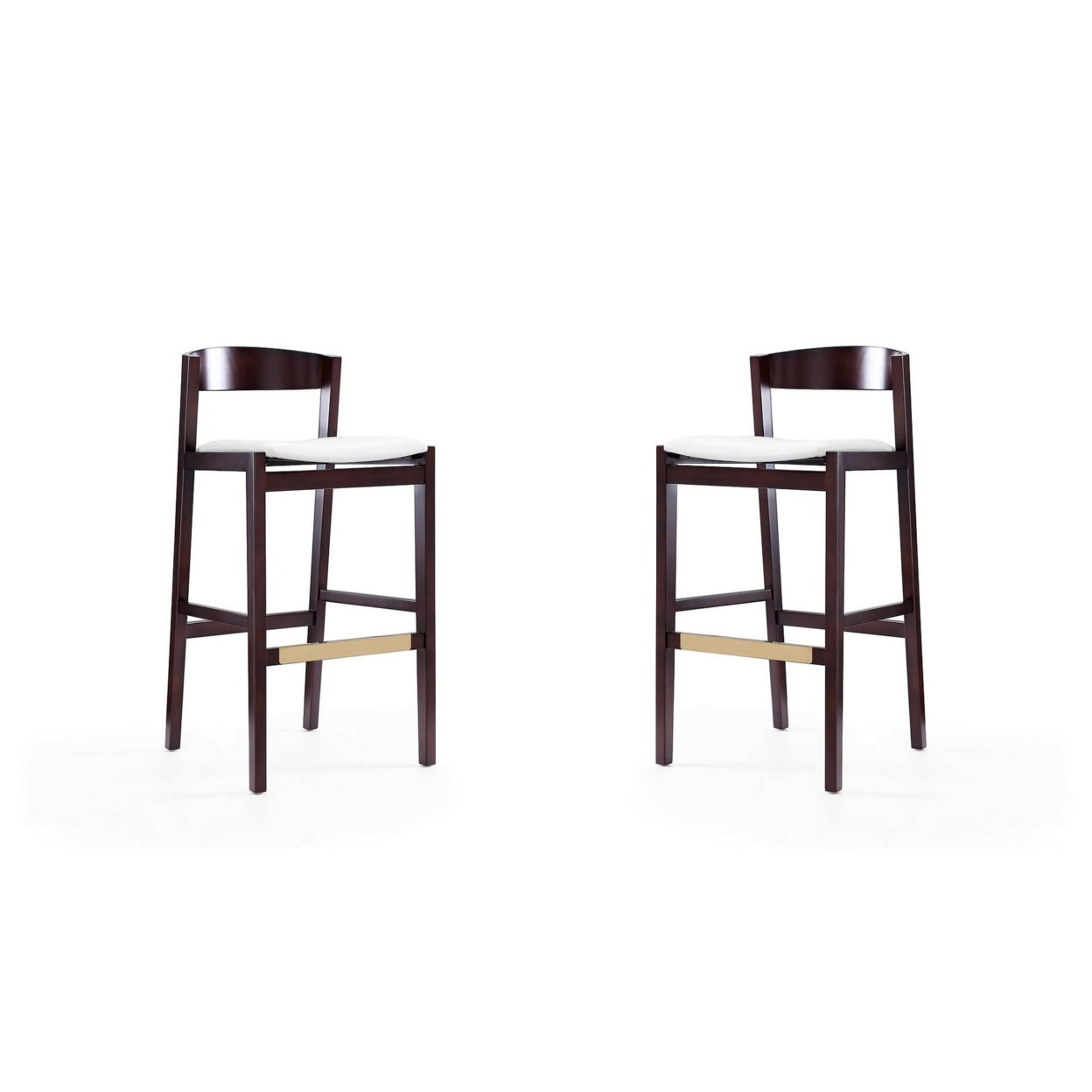 Klismos Ivory and Dark Walnut Wood Barstools with Faux Leather Seats, Set of 2