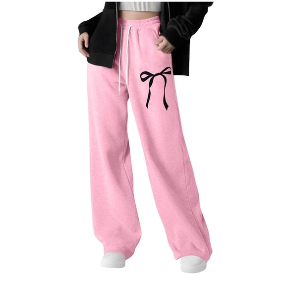 Klisyaur Girls Wide Leg Sweatpants Drawstring Elastic High Waist Bow Pants Casual Baggy Winter Trousers with Pockets