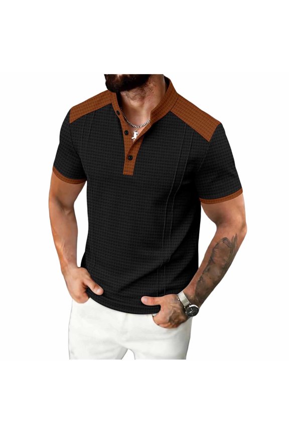 Men Color-matching Summertime Fashion Casual Short Sleeve Standing Collar Neck Shirt Top