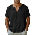thumbnail image 1 of Klisyaur Men's Cotton Linen Shirt Short Sleeve V Neck Casual Lightweight Breathable Tee for Summer Beach, 1 of 5