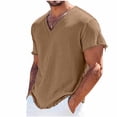 thumbnail image 1 of Klisyaur Mens Cotton Linen Shirt V Neck Short Sleeve Casual Comfortable Breathable Tee Summer Beach Tops, 1 of 5