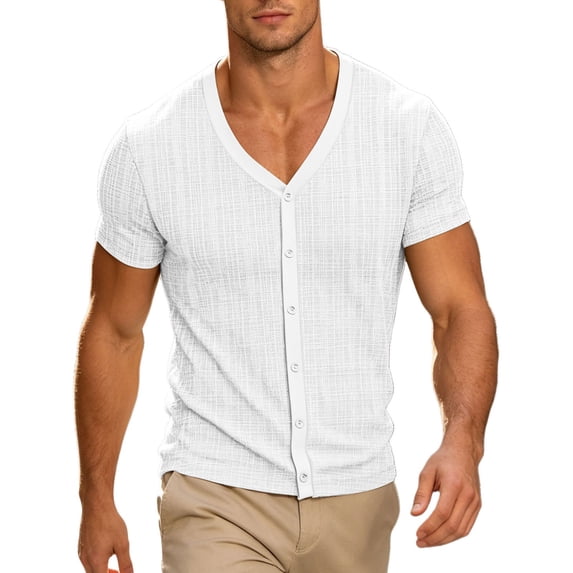 Klisyaur Mens V Neck Shirt Short Sleeve Button Tops Ribbed Lightweight Knit Blouse for Men Fashion Outfit