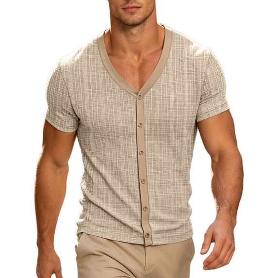 Klisyaur Mens V Neck Shirt Short Sleeve Button Tops Ribbed Lightweight Knit Blouse for Men Fashion Outfit